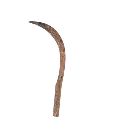 Old and rusty harvest sickle   isolated on white backgroundの写真素材