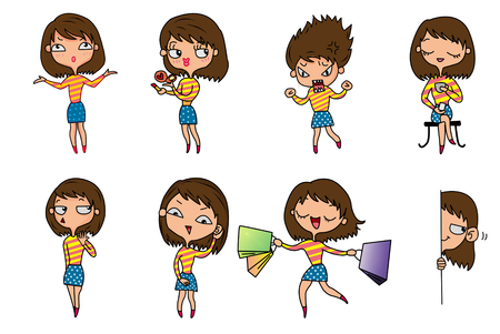 8 lady emotions, illustration, white backgroundの写真素材