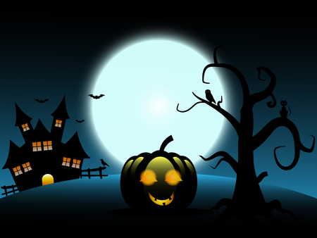 Halloween  background include castle, pumpkin, batのイラスト素材