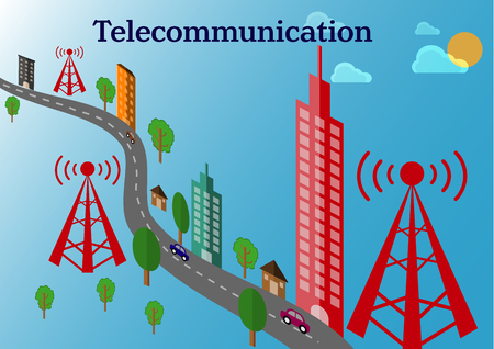 Telecommunication tower and transmitter tower landscape with car and treesのイラスト素材