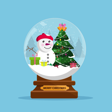 Snow globe and Christmas tree with balls and gifts box.のイラスト素材
