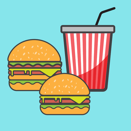 Two hamburger and red paper cup drink in cartoon illustration.のイラスト素材