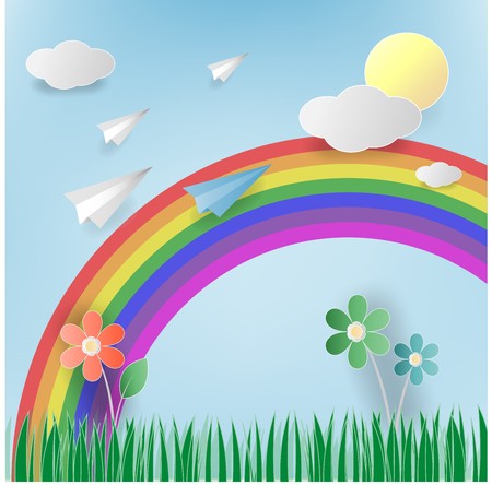 Rocket start up, meadow with flowers,sun,clound, blue sky and rainbow. のイラスト素材