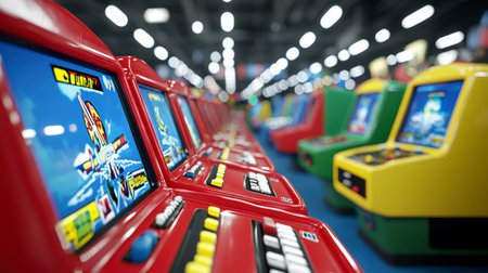 Row of colorful arcade game machines in a brightly lit arcade. Close up view focuses on the red and yellow cabinets, with blurred background. Retro gaming aesthetic.の素材