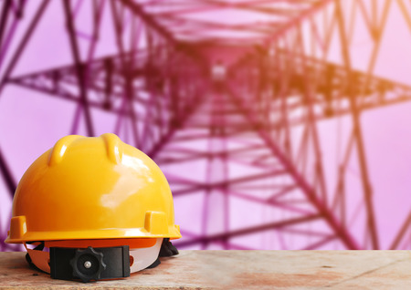 Safety helmet with construction site backgroundの写真素材