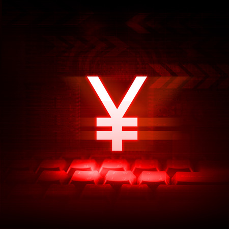 Chinese currency button on red technology background with Downtrend stock conceptの写真素材