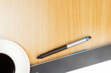 Office table view from above with copy spaceの写真素材