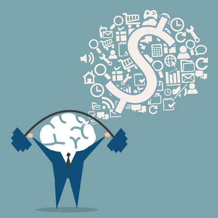 Brave man in business suit lifting weight with strong idea for creativity,flat vector design.の写真素材