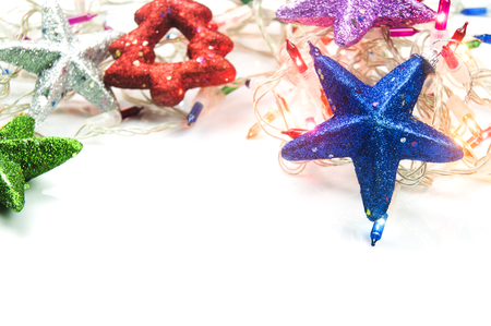 Christmas lights ornaments isolated on white backgroundの写真素材