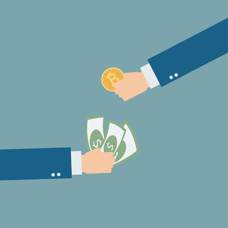 Business hand exchange money and bitcoin on digital marketingの写真素材