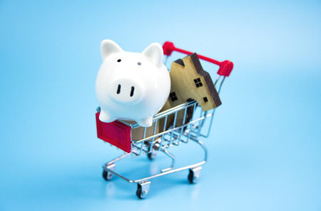 Piggy bank and wooden homes in shopping cart isolated on blue pastel backgroundの写真素材