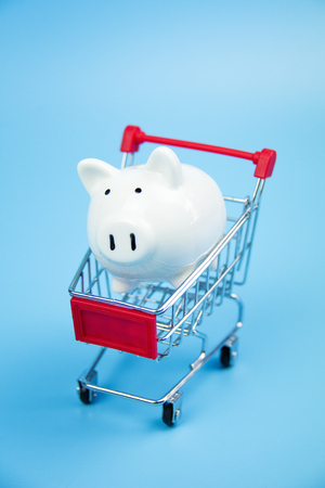 Piggy bank in shopping cart isolated on blue pastel backgroundの写真素材