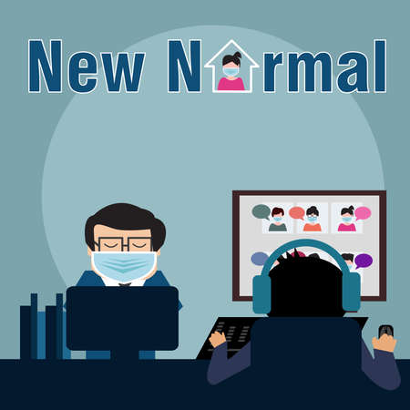 Business man wearing mask when working in office company for new normal conceptの写真素材