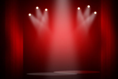 The colorful concert stage theater with flood lights and abstract empty floor showcase spotlights on...