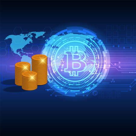 Bitcoin on circuit graphic blue backgroundのイラスト素材