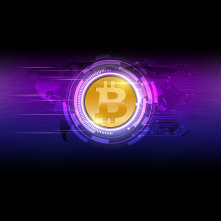 Golden bitcoin on purple glown dark, vectorのイラスト素材