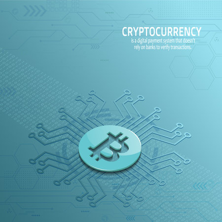 Bitcoin on circuit graphic blue background
