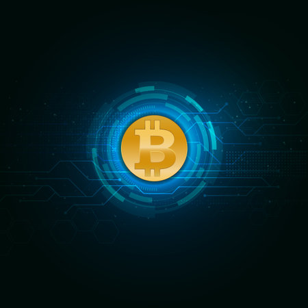 Golden bitcoin blue glown background, vectorのイラスト素材