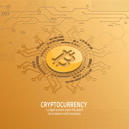 Golden bitcoin on circuit golden yellow background, vectorのイラスト素材