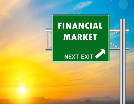 Financial Market Green Road Sign concept with resplendent clouds and sky.の写真素材