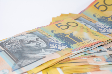 Pile of Australian Fifty Dollar Banknotes Isolated on Whiteの写真素材