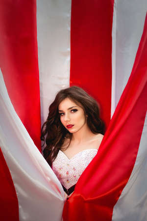 Attractive young girl dressed as red queen medievel costume outdoorsの写真素材