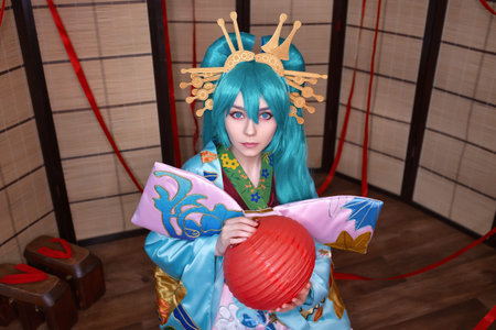 Cute white teenage girl cosplaying  character Japan style indoors