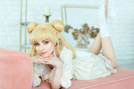 Beautiful white girl vintage renaissance dress indoors alone portraitの写真素材