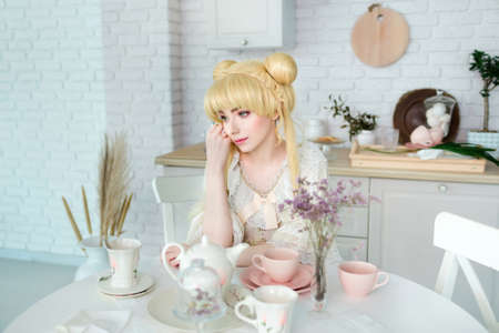 Beautiful white girl vintage renaissance dress indoors alone portraitの写真素材
