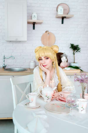 Beautiful white girl vintage renaissance dress indoors alone portraitの写真素材