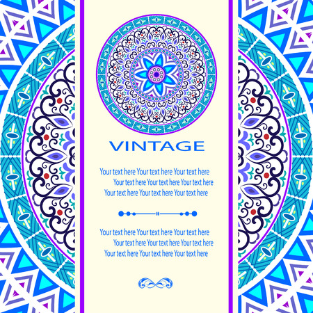 Elegant card with lace ornament and place for text on background with seamless pattern. Vintage style. Wedding invitation. Vector mandala.のイラスト素材