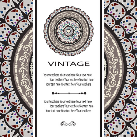 Elegant card with lace ornament and place for text on background with seamless pattern. Vintage style. Wedding invitation. Vector mandala.のイラスト素材