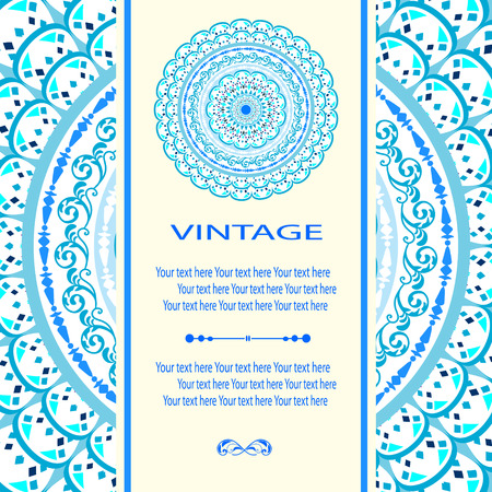 Elegant card with lace ornament and place for text on background with seamless pattern. Vintage style. Wedding invitation. Vector mandala.のイラスト素材