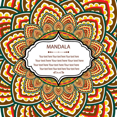 Elegant card with lace ornament and place for text on background with seamless pattern. Vintage style. Wedding invitation. Vector mandala.のイラスト素材