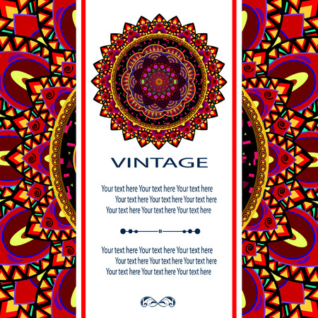 Elegant card with lace ornament and place for text on background with seamless pattern. Vintage style. Wedding invitation. Vector mandala.のイラスト素材