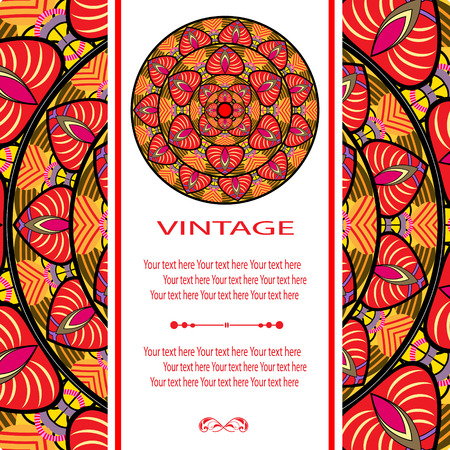 Elegant card with lace ornament and place for text on background with seamless pattern. Vintage style. Wedding invitation. Vector mandala.のイラスト素材