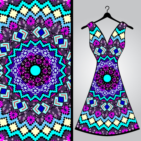 Fabric pattern design for a woman's dress. Vector fashion illustration. Design Mandala.  Perfect for printing on fabric or paper.のイラスト素材
