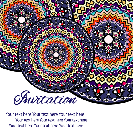 Elegant card with lace ornament and place for text on background with seamless pattern. Vintage style. Wedding invitation. Vector mandala.のイラスト素材