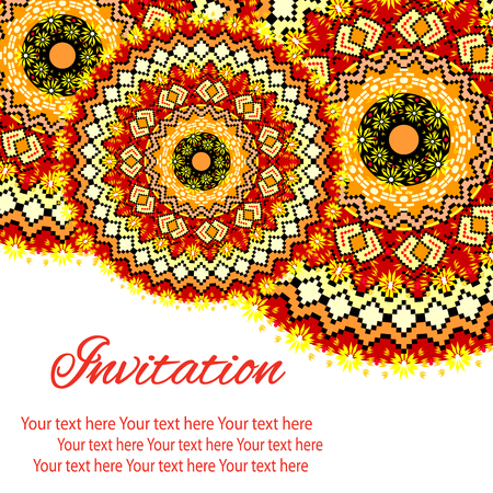 Elegant card with lace ornament and place for text on background with seamless pattern. Vintage style. Wedding invitation. Vector mandala.のイラスト素材