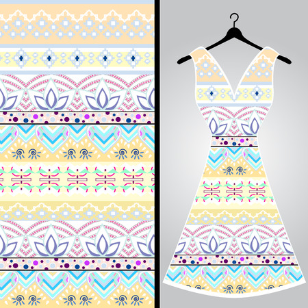 Fabric pattern design for a woman's dress. Vector fashion illustration. Design Mandala.  Perfect for printing on fabric or paper.のイラスト素材