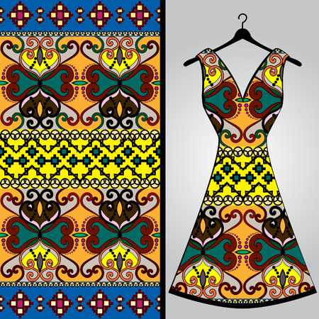 Fabric pattern design for a woman's dress. Vector fashion illustration. Design Mandala.  Perfect for printing on fabric or paper.のイラスト素材