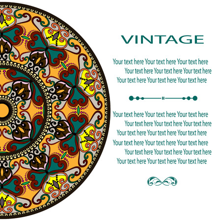 Elegant card with lace ornament and place for text on background with seamless pattern. Vintage style. Wedding invitation. Vector mandala.のイラスト素材