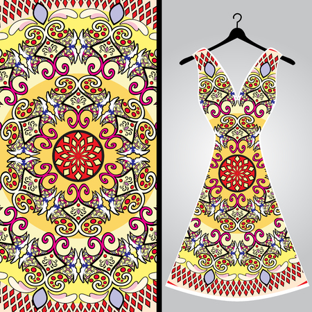 Fabric pattern design for a woman's dress. Vector fashion illustration. Design Mandala.  Perfect for printing on fabric or paper.のイラスト素材