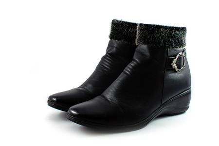 black leather boot with furの写真素材