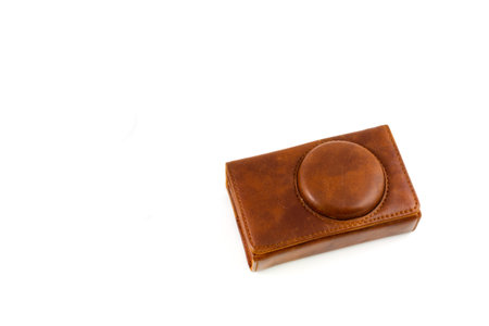 leather camera case on whiteの写真素材