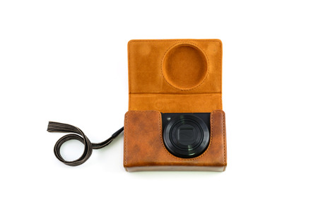 leather camera case on whiteの写真素材