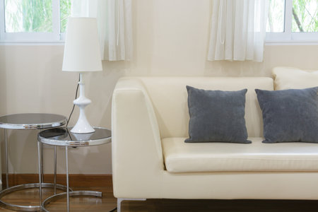 Interior design with sofa and lamp on end table