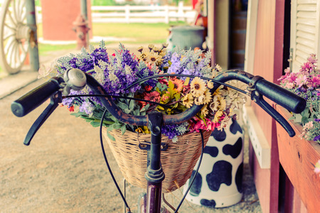 close up basket with flower on bicycle, Vintage styleの写真素材