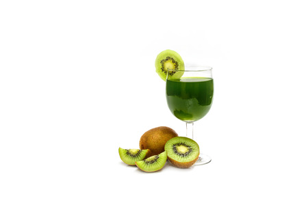 Glass of Kiwi juice with kiwi isolated on white backgroundの写真素材