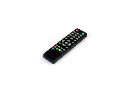 Black TV remote control isolated on white backgroundの写真素材